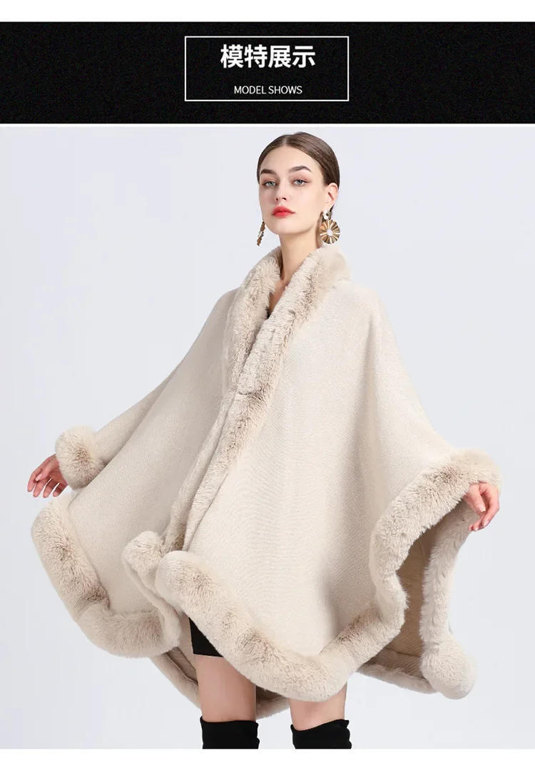 Description Picture 3 of itemSolid Women Winter Thick Warm Loose Poncho Big Pendulum Cape Faux Fur Collar Long Cloak Outstreet Wear Beige Coat