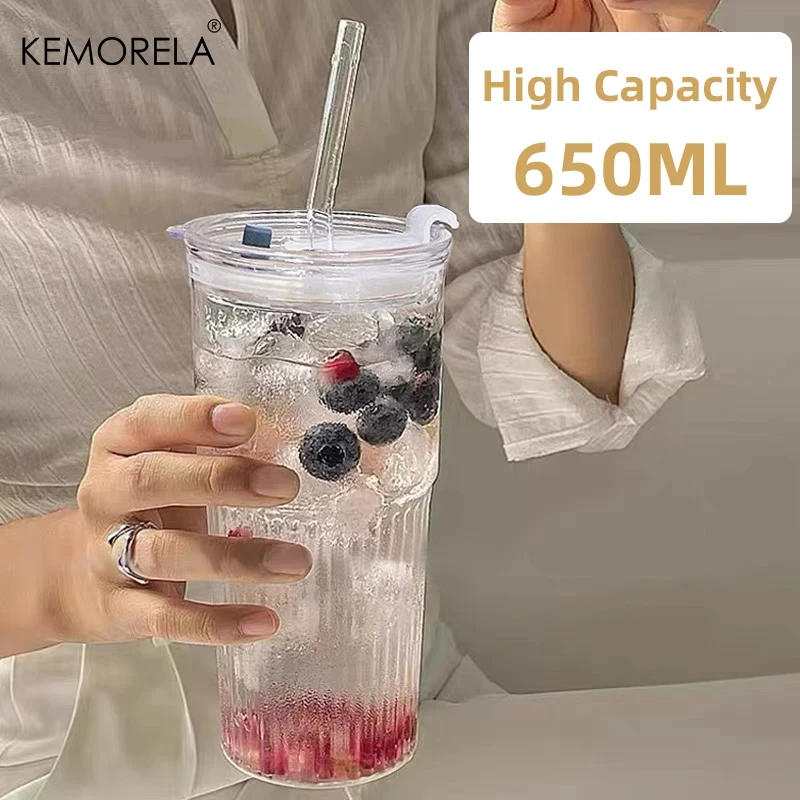 Description Picture 6 of item1/2PCS 600ml Stripe Glass Cup with Lid and Straw Transparent Drinking Glasses for Juice Water and Iced Coffee Cups Drinkware Mug