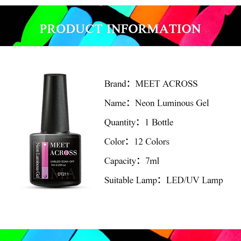 Description Picture 3 of itemMEET ACROSS 7ml Fluorescent Glow-in-dark Gel Nail Polish 12 Colors Semi Permanent Soak Off UV Luminous Neon Gel Varnish Nail Art