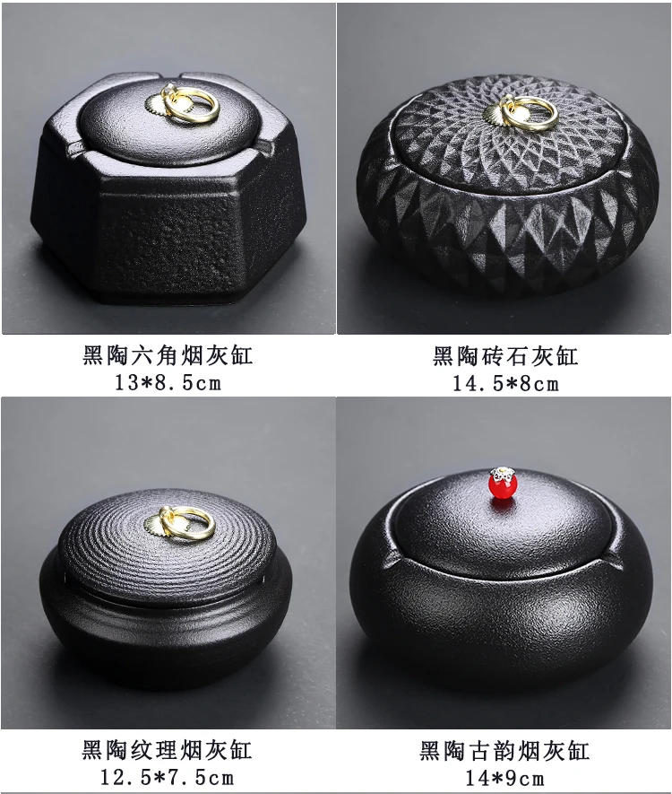 Description Picture 5 of itemBlack Ceramic Ashtray Vintage Home Living Room Tea Table Ceramic Ashtray with Lid Bar Office Decoration Supplies Ashtray