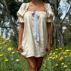 Y2K Cottage Kawaii Puff Sleeve Mini Dress Lace Trim Square Collar Backless A-line Dress Aesthetic Fairycore Vintage Short Dress