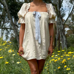 Y2K Cottage Kawaii Puff Sleeve Mini Dress Lace Trim Square Collar Backless A-line Dress Aesthetic Fairycore Vintage Short Dress