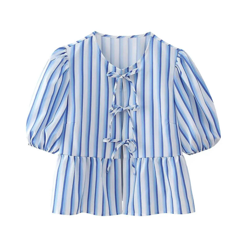 Description Picture 5 of itemTRAFZA 2024 Summer Women's Blue Striped Cropped Tops Short Sleeve Puff Sleeves Lace Up O Neck Blouse Y2K T Shirts Elegant Style