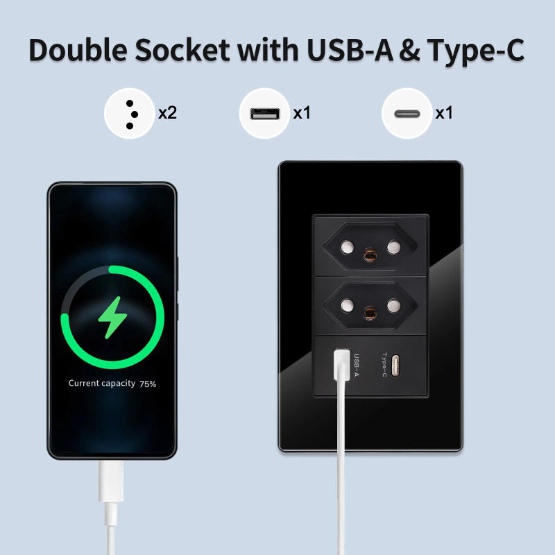 Description Picture 2 of itemBrazil Standard Light Switch Wall Socket with USB Type-C 118mm Outlet Glass Panel Home Office Electrical Plug 110-250V 20A