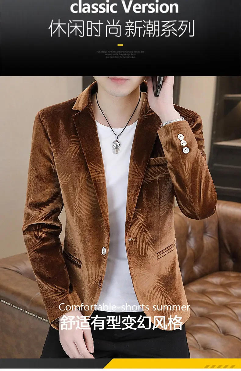 Description Picture 3 of itemHigh End Golden Velvet Suit Jacket Men Korean Fashion Business Casual Banquet Suit Jacket Wedding Groom Dress Coats Men Clothing