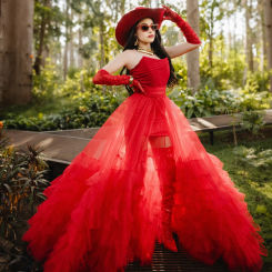 Puffy See Thru Red Ruffles Trimmed Tulle Long Maxi Skirts A-line Split Bridal Detachable Train Women Ovelay Skirt