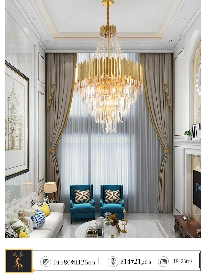 Description Picture 4 of itemLuxury Crystal Chandeliers Golden Large Hanging Lamps Lobby Villa Staircase Pendant Lights for Room Decor Lustre LED Luminaires
