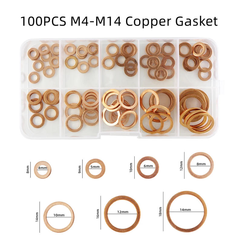 Description Picture 3 of item100Pcs Copper Washer Gasket Nut And Bolt Set Flat Ring Seal Assortment Kit With Box M4/M5/M6/M8/M10/M12/M14 For Sump Plugs
