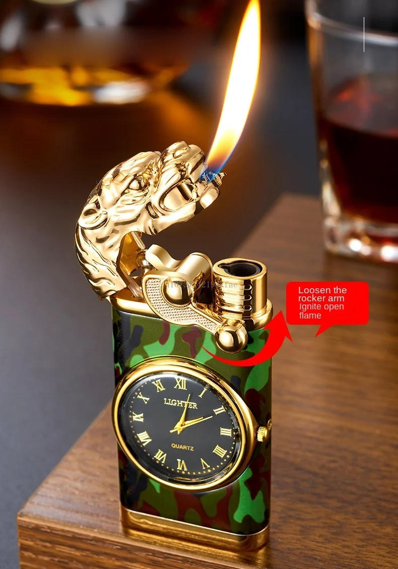 Description Picture 6 of itemNew Metal Rocker Double Fire Cigarette Lighter  Windproof Watch Lighter Butane Gas Lighter Smoking Accessories Torch Lighters