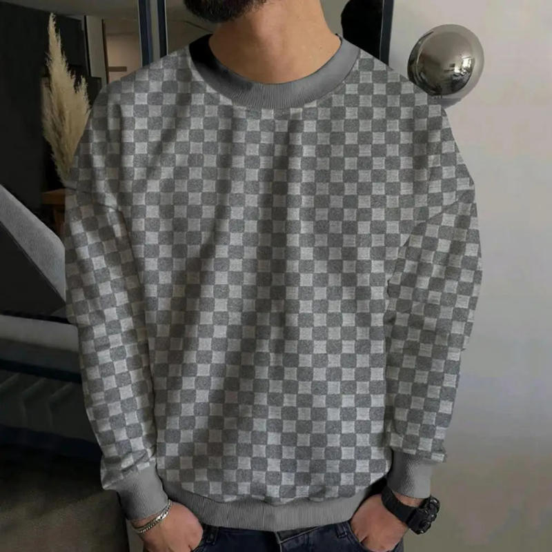 Description Picture 2 of itemRound Neck Long Sleeve Top Checkered Pattern Men's T-shirt Stylish Loose Fit with Elastic Cuffs Soft Pullover for Fall Spring