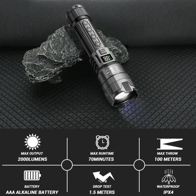 Description Picture 5 of itemHigh Strong Power Led Flashlights 2000LM Tactical Torch with Display Light USB Charging Camping Fishing Emergency Zoom Lantern