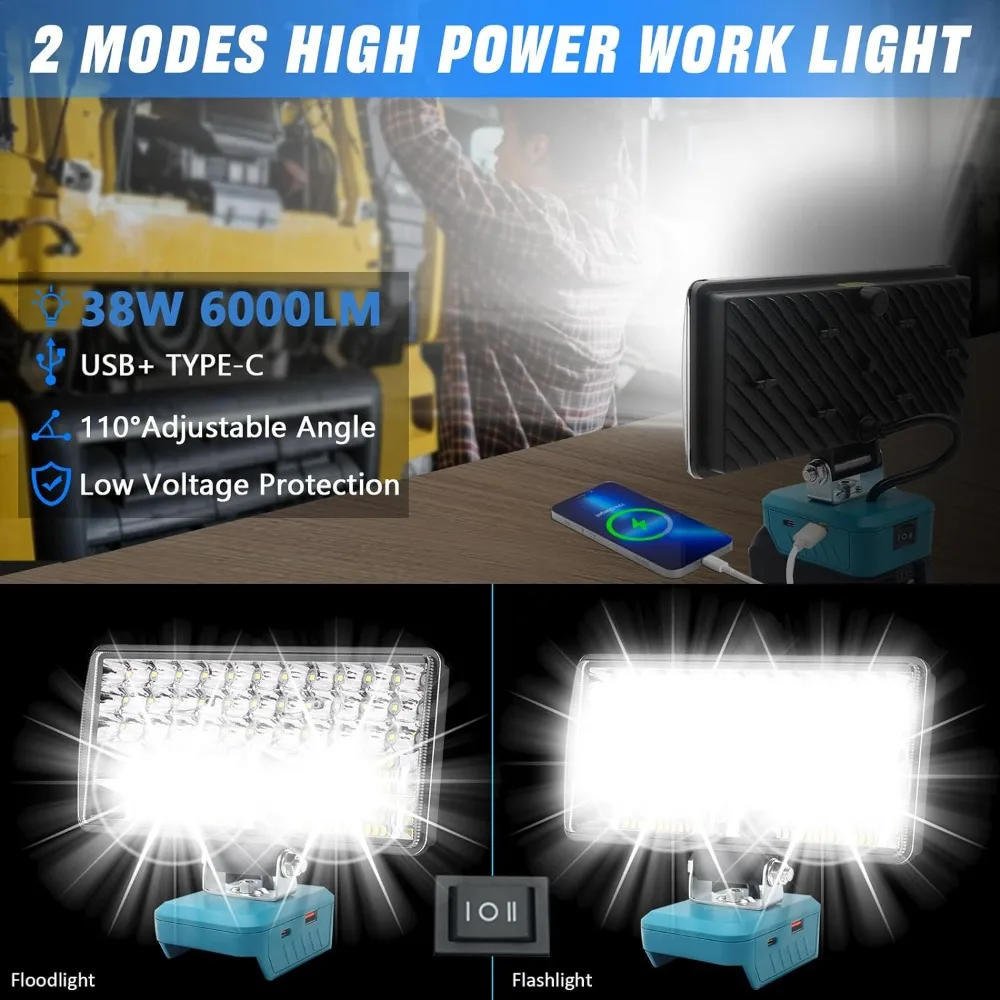 Description Picture 2 of item38W 6000LM LED Work Light Flashlight Compatible with Makita 18v Battery Cordless Work Light for Camping Emergency Lights