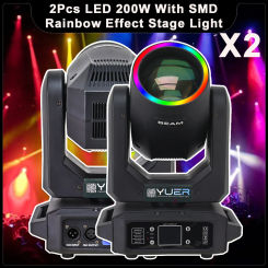 2Pcs LED 200W Moving Head Beam Spot Satge Light With Ring 6+12 Prism Rainbow Effect DMX512 For Dj Disco Club Xmas Bar Light