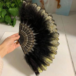 Vintage Folding Fan Feather Lace Chinese Japanese Pattern Craft Fans Dance Hand Fan Can DIY Feathers Home Ornaments Decoration