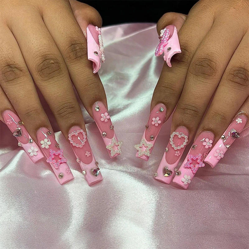 Description Picture 3 of item24Pcs French Square False Nails with Pink Bow Rhinestones Design Long Ballet Fake Nail Wearable Coffin Press on False Nails