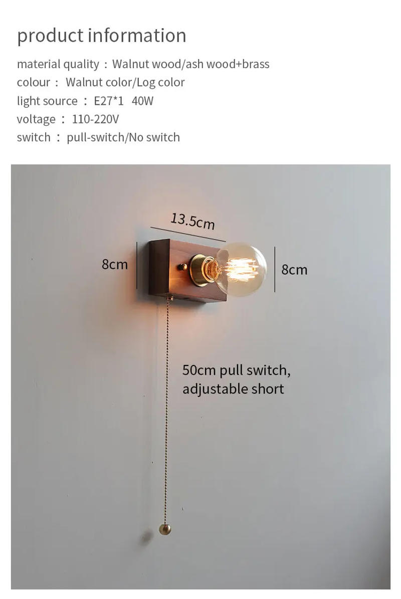 Description Picture 2 of itemVintage Walnut Wood wall lamp Home Decoration small rectangle lamp Bedroom LED Bedhead Wall Light Indoor Staircase corridor Ligh