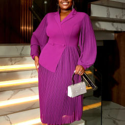 Theory Pleated Midi Dress Purple Bubble Long Sleeved Mid Waist Asymmetrical Workwear Office Commuting OL Fashionable Dresses