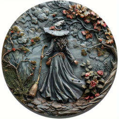 1pc 2d Round Aluminum Flat Sign, Witch Broom Imitation Relief Style Decor, Door Decor, Hanging Wall Art, Hanging Ornament
