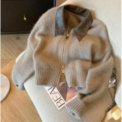 Early Autumn Zipper Knitted Leather Polo Neck Sweater Outerwear Women's Fashion Style Spring Autumn Winter Seasonal Top