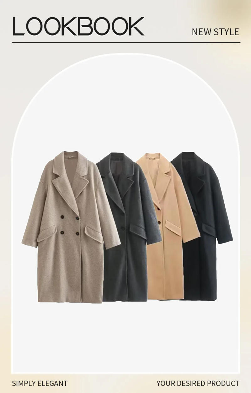 Description Picture 4 of itemUNIZERA 2023 Winter New Product Women's Fashion and Casual Versatile Flip Collar Double breasted Button Long Woolen Coat Coat Co