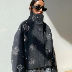 Snowflake Sequin Woolen Women's Short Coats Vintage Stand Collar Zipper Coat Autumn Winter Chic High Street Outwear For Women