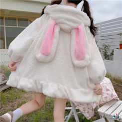 Thickened Fleece Hoodie Women's Winter Style Rabbit Ear Lamb Fur Soft Cute Style Age Reduction Outerwear Autumn Winter Trendy