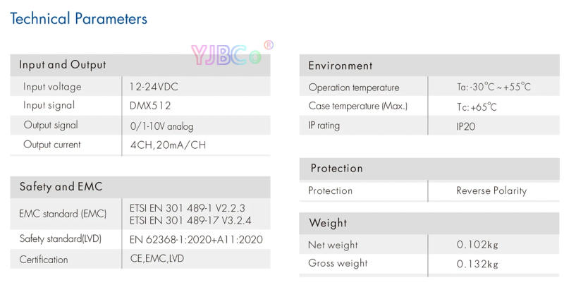 Description Picture 5 of itemSkydance DL 0-10V Din Rail 4 Channels DMX 512 Converter 1-10V RGBW RGB single color dimmer 12V-24V 4CH DMX RDM Signal Decoder