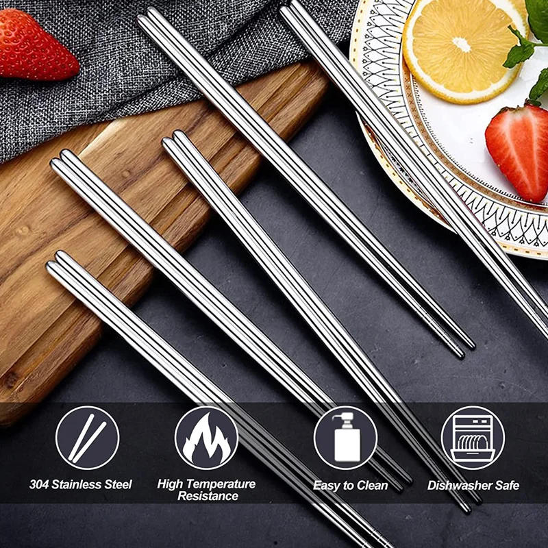 Description Picture 4 of item1/2/5 Pairs Chinese Chopsticks Stainless Steel Non-slip Sushi Chopstick Korean Japanese Food Metal Sticks Kitchen Tableware Set