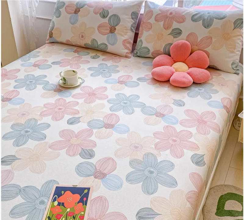 Description Picture 3 of item100% Cotton Elastic Bed Sheets Sets Double Bed Flower Pring Fitted Sheet +2pc Pillowcases Single Queen King Size Bed Cover B99G