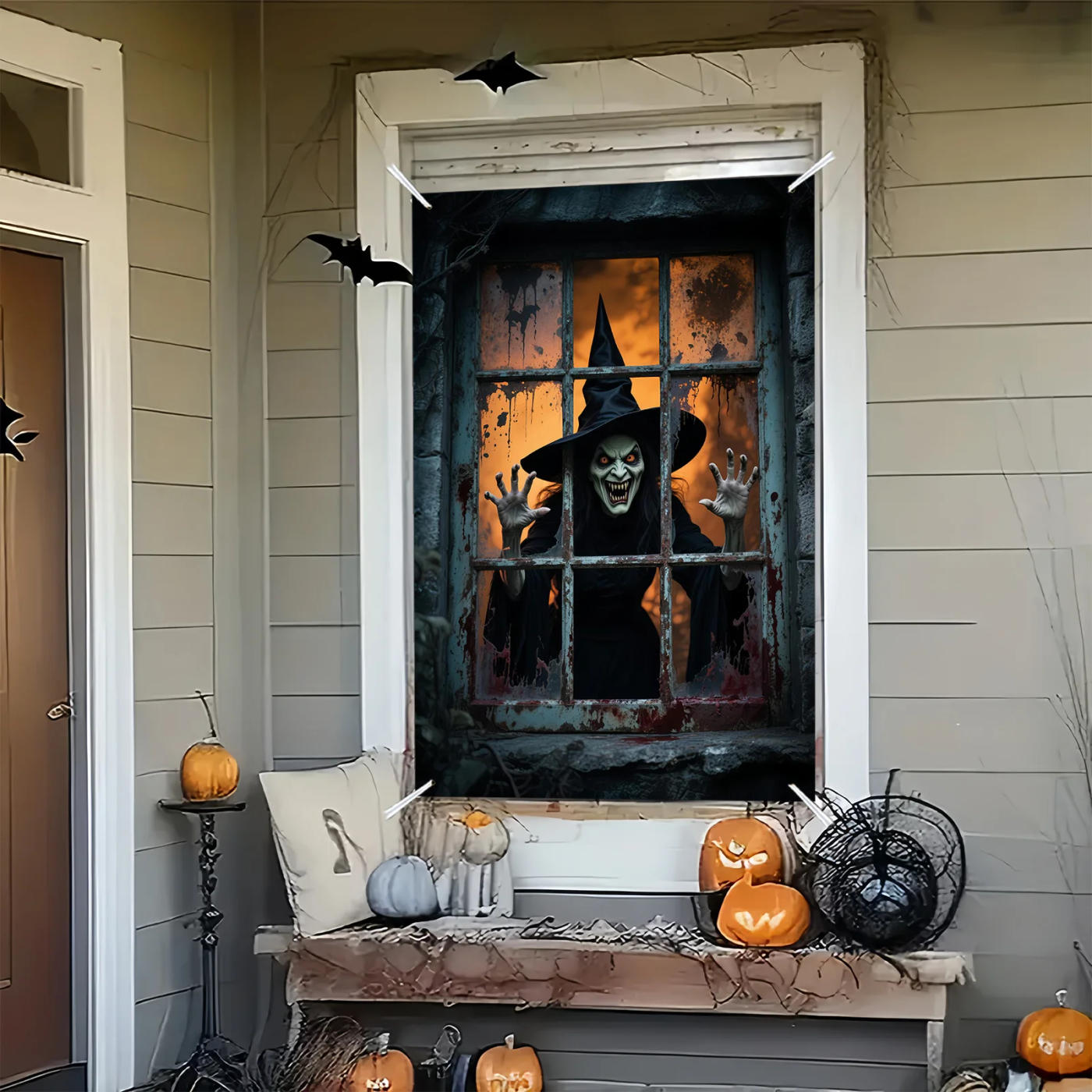 Description Picture 2 of item1pc Halloween Party Banner  Witch Pattern Polyester Indoor Outdoor Window Hanging Decoration Celebration Party Background Cloth