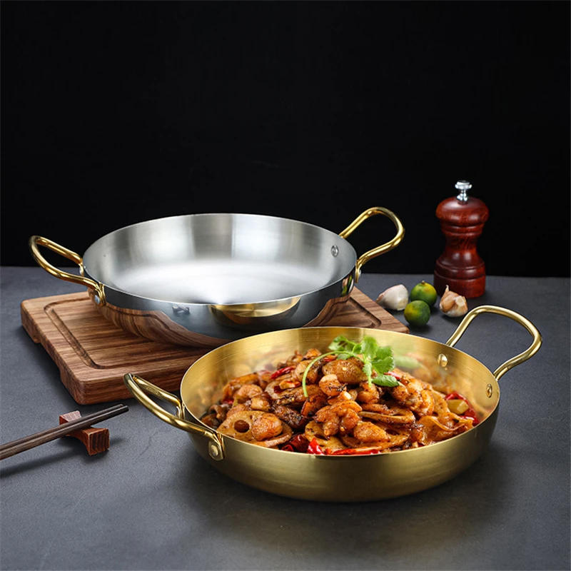Description Picture 2 of itemSpanish Seafood Rice Pot Double ear golden frying pan Pasta dish Round steak plate panelas olla Stainless steel dry pot utensils
