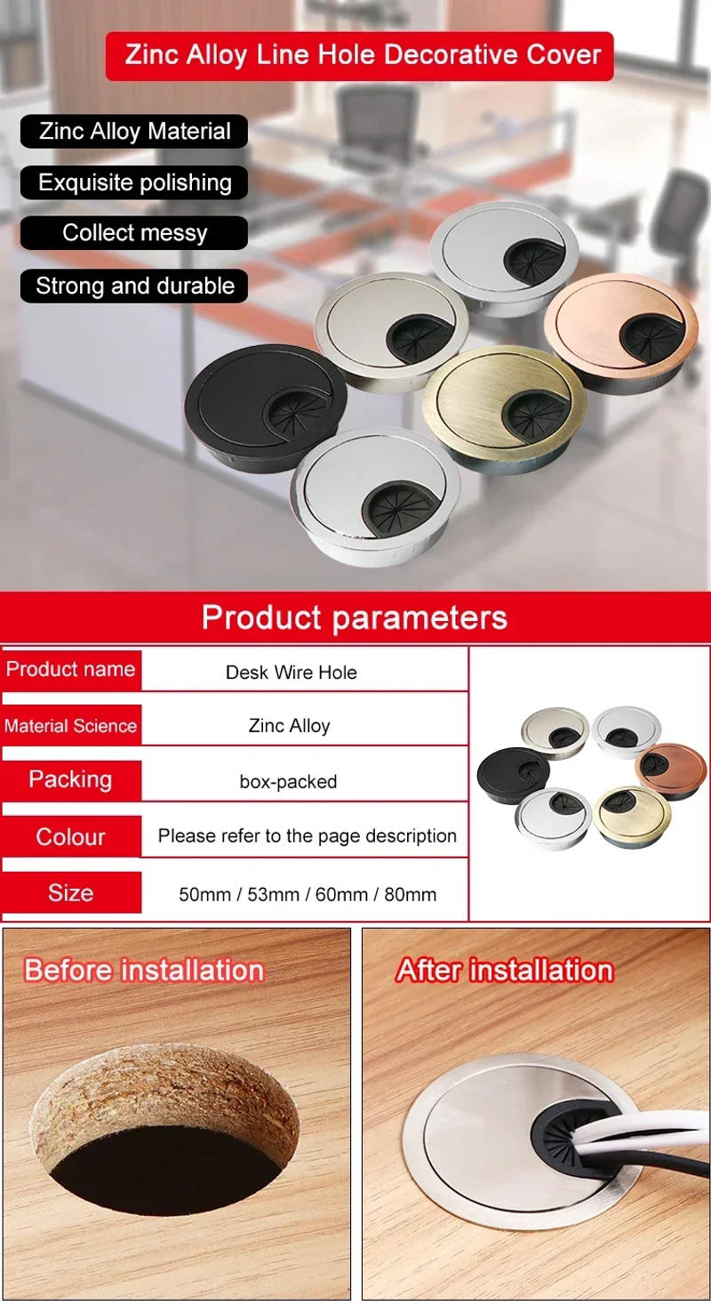 Description Picture 2 of itemZinc Alloy Desktop Wire Hole Cover Base Computer Grommet Table Cable Outlet Port Surface Line Box Furniture Hardware