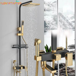 Black Gold Shower Faucet Set Rainfall Metal Bathroom Mixer Tap Bathtub Metal 4-way with Bidet and Shelf