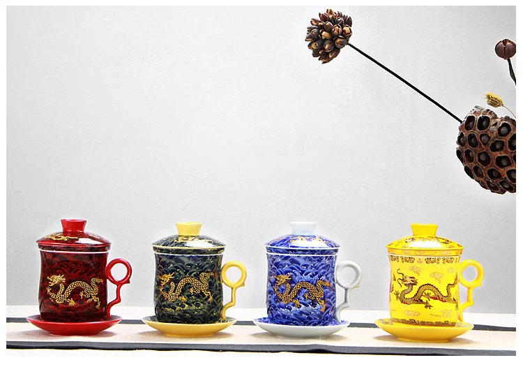 Description Picture 2 of itemChinese Dragon Pattern Tea-Mug with Strainer Infuser and Lid and Saucer Ceramic Tea Mug Convenient  Porcelain Personal Tea Cup