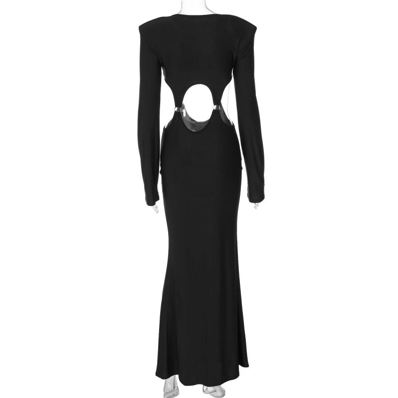 Description Picture 5 of itemHugcitar Fashion Solid Long Sleeve Shoulder Pads Hollow Out Loop Sexy Slim Maxi Prom Dress Summer New Outfit Vacation Nightclub