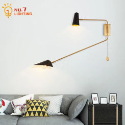 Industrial Copper Long Pole Swing Arm Wall Lamp with Pull Switch Double Head LED E27 Gold/Black/White Wall Mounted Bedroom Sofas