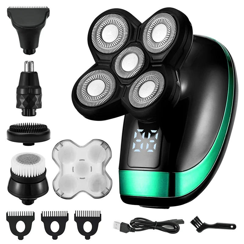 Description Picture 2 of item5 in 1 Rechargeable Electric Shaver Five Floating Heads Razors Hair Clipper Nose Ear Hair Trimmer Men Facial Cleaning Brush Box