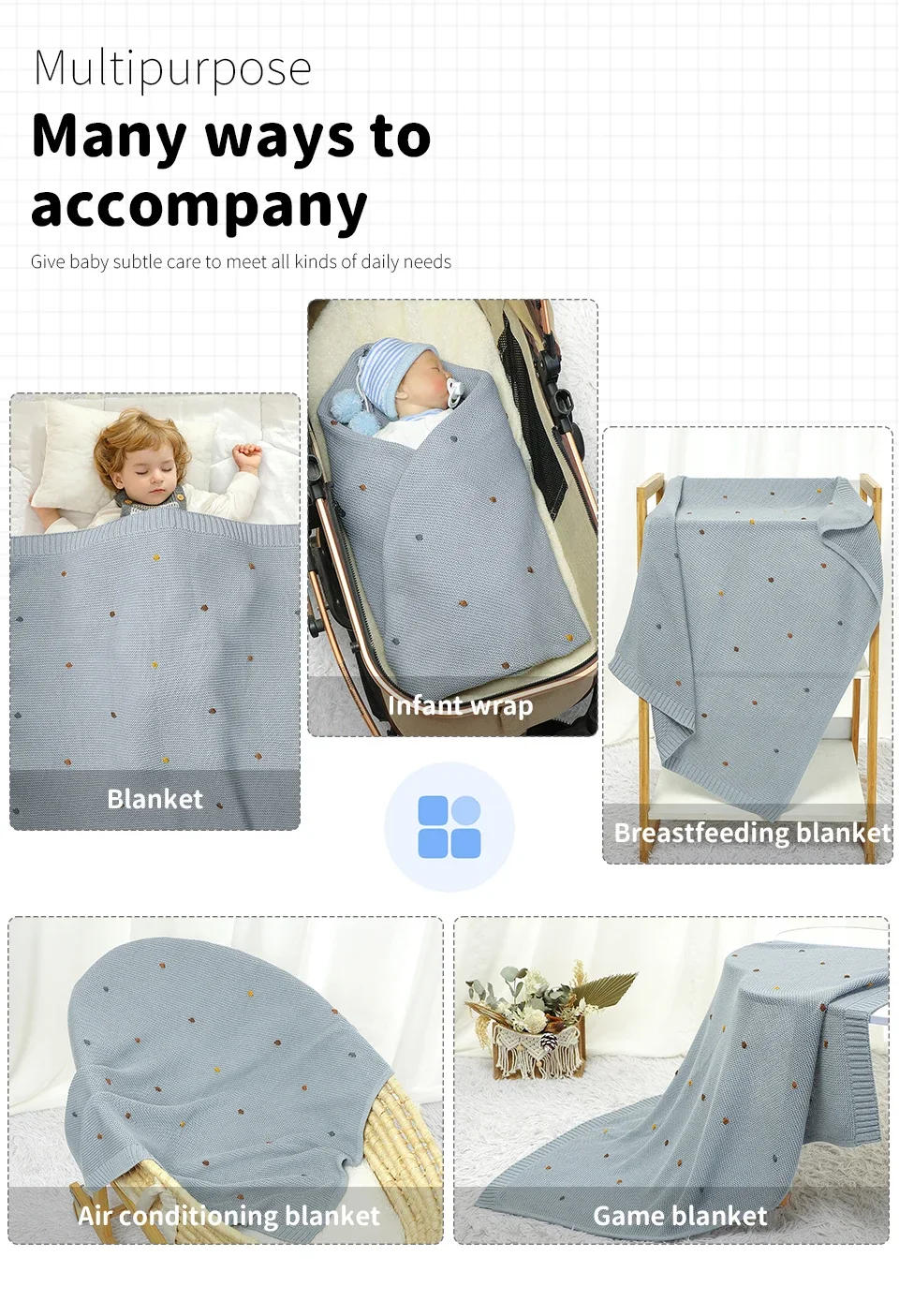 Description Picture 5 of itemKnitted Baby Blankets Newborn Bedding Infant Kids Cotton Muslin Swaddle Wrap Baby Items Stroller Blankets Nap Cover