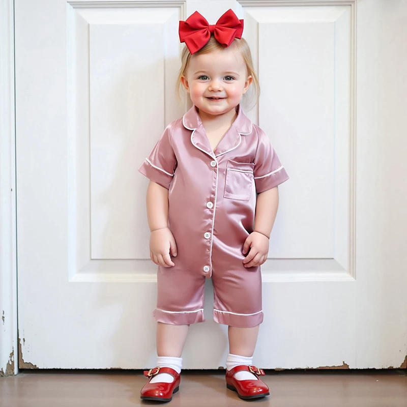 Description Picture 6 of itemBlotona Baby Boy Girl Satin Pajama Short Sleeve Button-up Solid Color Jumpsuit Cute Toddler Sleepwear