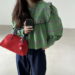Lucyever Vintage Chic Ruffles Loose Blouse Women 2025 Spring New Puff Sleeve Plaid Shirt Female Korean Peter Pan Collar Blusas