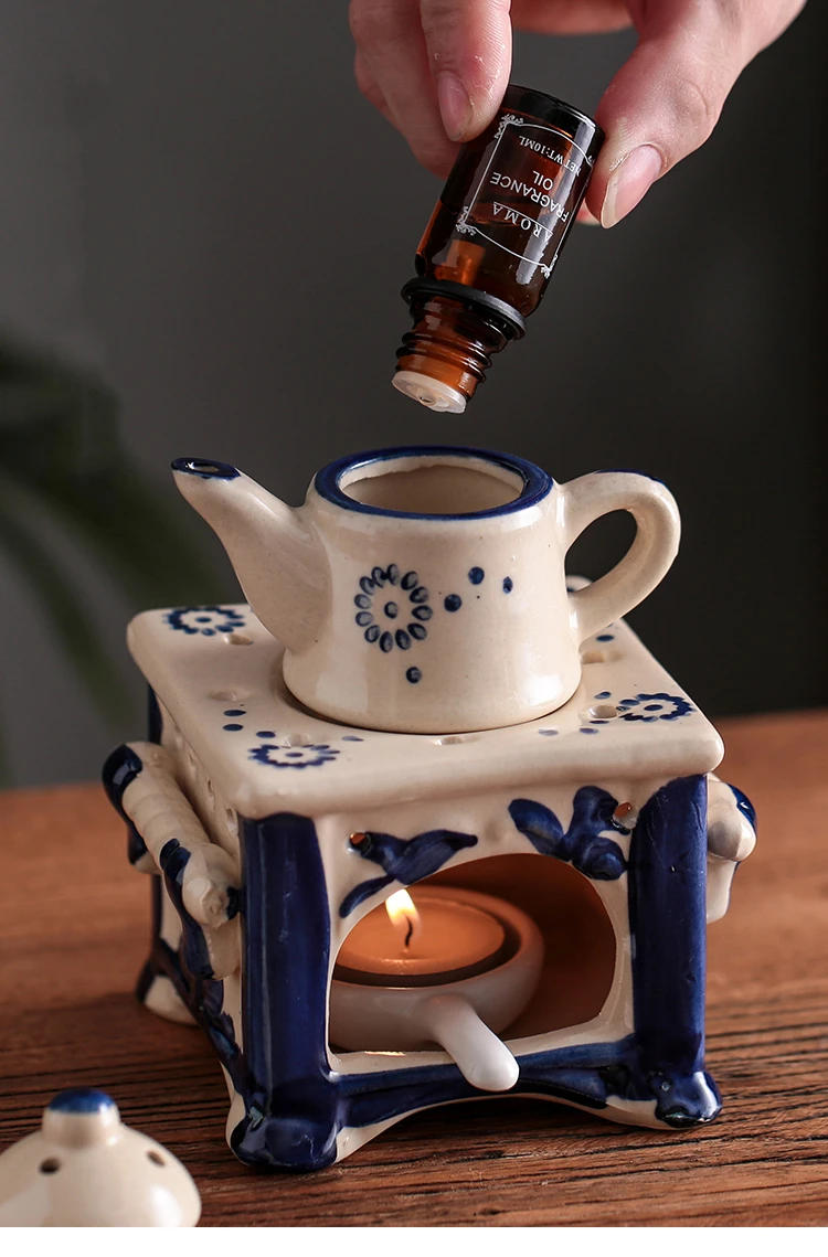 Description Picture 4 of itemHome Aromatherapy Pot Ceramic Candle Holder Boiling Tea Stove Hotel Front Desk Blue Porcelain Essential Oil Lamp Beauty Salon