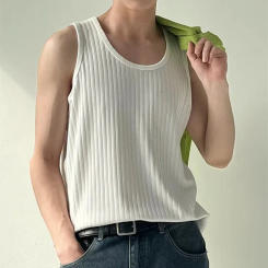 Summer Men's Solid Stripe Loose Tank Top Korean Fashion Sleeveless T-shirts For Men Vest