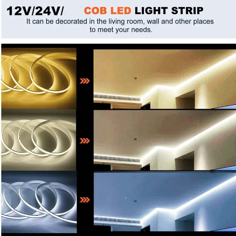 Description Picture 3 of item10m 8mm COB LED Strip DC 12V 24V Warm FOB LED Light for Room Bedroom Decor 3m 5m High Density Soft Flexible Neon Tape Light Lamp