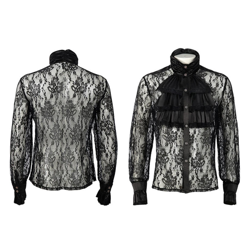 Description Picture 2 of itemTransparent Lace Floral Shirts And Blouses Solid Black Gothic Puff Sleeves Victorian Medieval Ruffle Collar Shirt Tops For Men