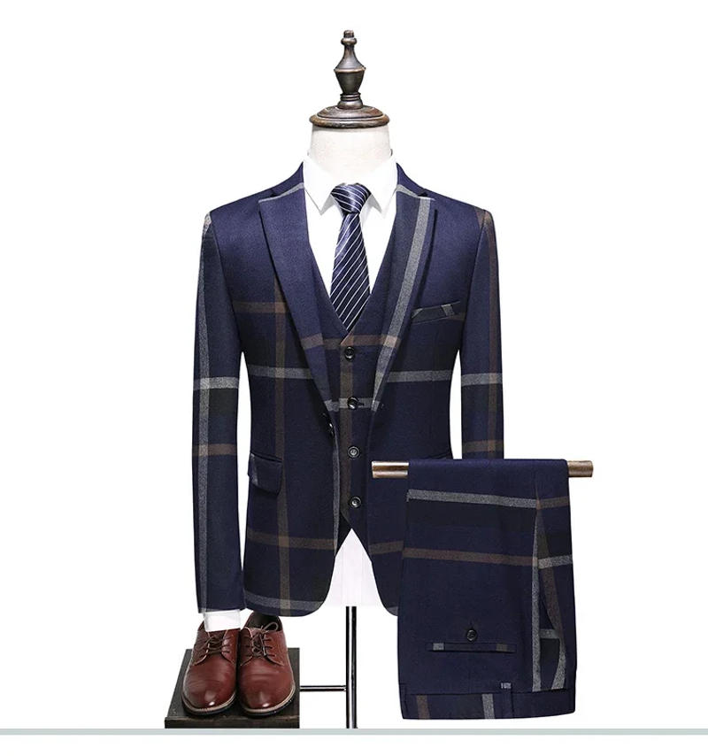 Description Picture 3 of item2024 Men's Pants and Vest Set 3-piece/Business Leisure Fashion 3-piece Set Checkered Suit Coat Pants and Vest