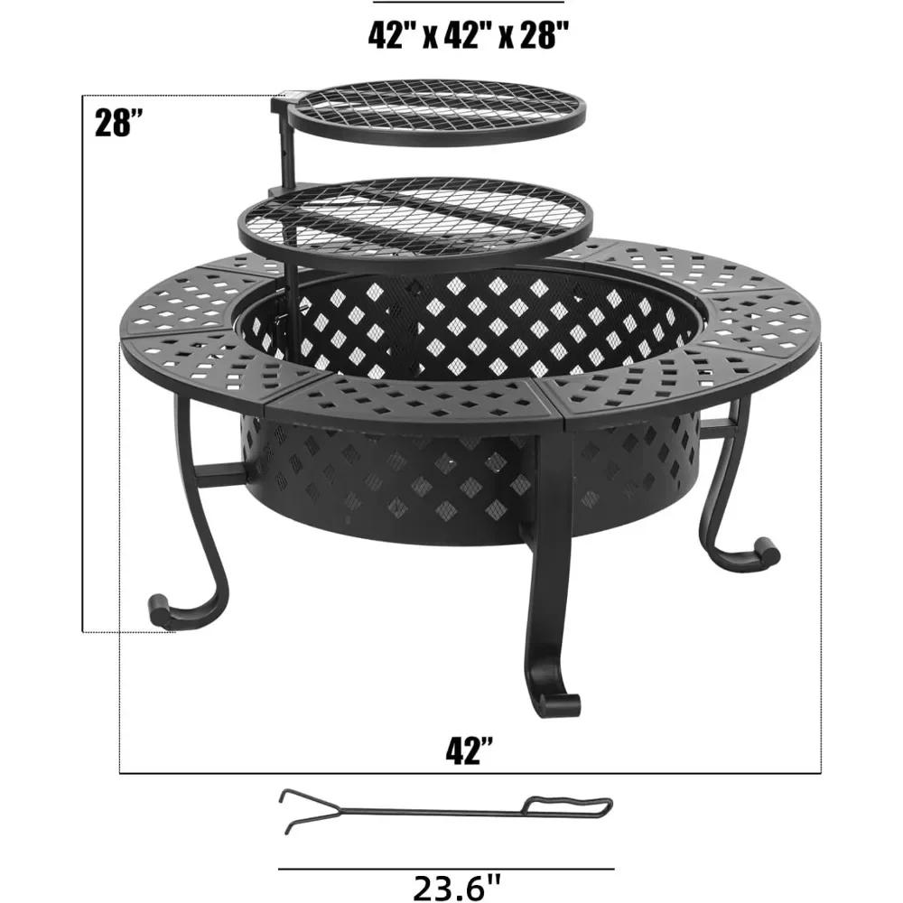 Description Picture 5 of item42 Inch Fire Pit with 2 BBQ Grills, Wood Burning Fire Pits for Outside with Lid & Fire Poker, BBQ& Outdoor Firepit & Round Metal