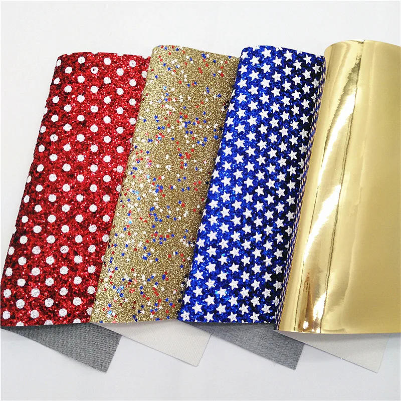 Description Picture 3 of item4th July Stars Glitter Leather Fabric Sheets Dots Custom Glitter Leather Mirror Synthetic Leather For Bows DIY 21x29CM Q1051