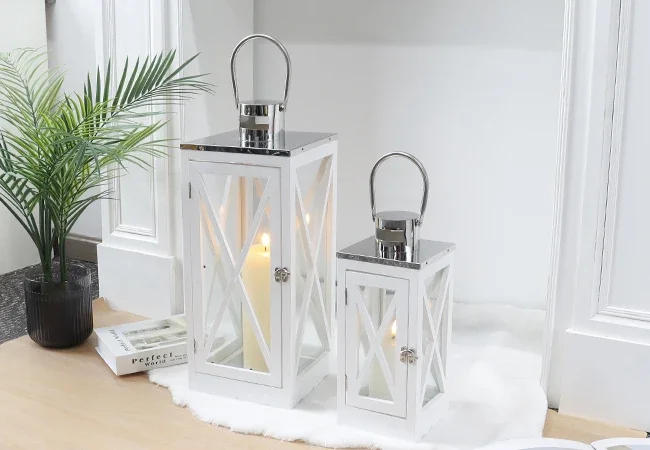Description Picture 5 of itemFarmhouse Wood Lantern Decorative Candle Holders with Tempered Glass & Stainless Steel Handle Hanging Lantern for Indoor Outdoor