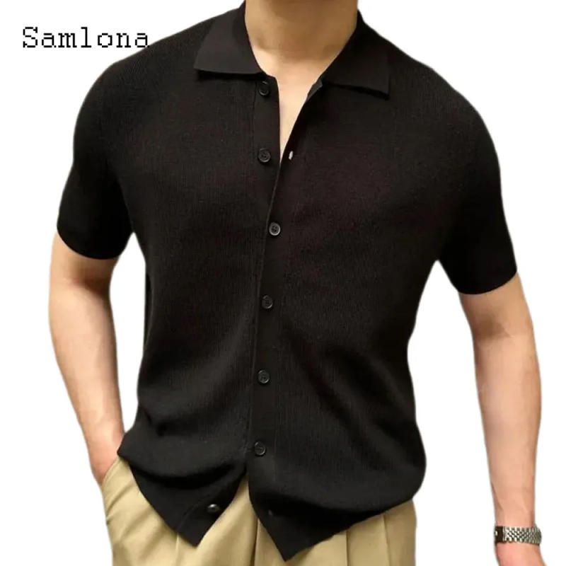 Description Picture 3 of item2024 Summer New Knitting Polo Shirt Mens Patchwork Top Short Sleeve Casual Street Cardigans Solid White Soft Basic Knitwear
