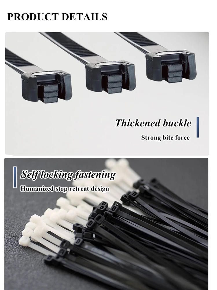 Description Picture 5 of item250pcs Zip Ties Self-locking Plastic Reusable Cable Nylon Cable Tie Rope 100 Pieces Black Fastening Ring Industriali Organizer